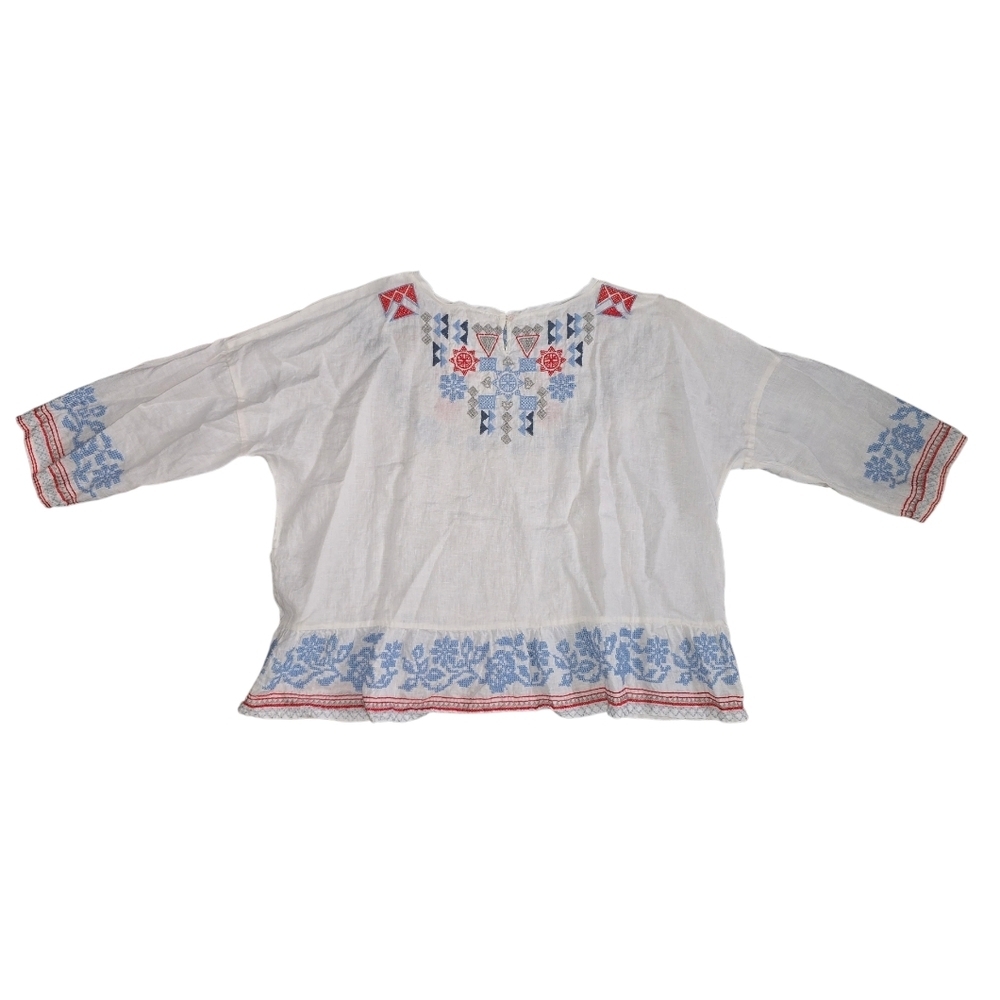 Johnny Was Mateo Linen White Blouse Top Blue & Coral Embroidery Size L - Picture 3 of 7